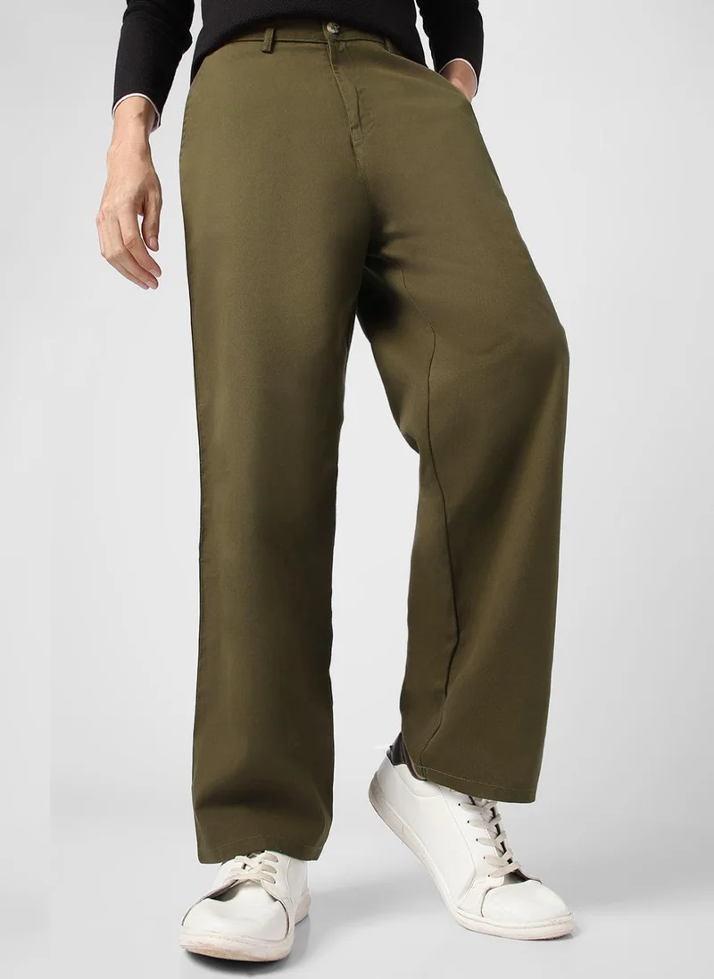أوربانو فاشن Urbano Fashion Men's Dark Olive Loose Baggy Fit Solid Chino Trousers Non-Stretchable